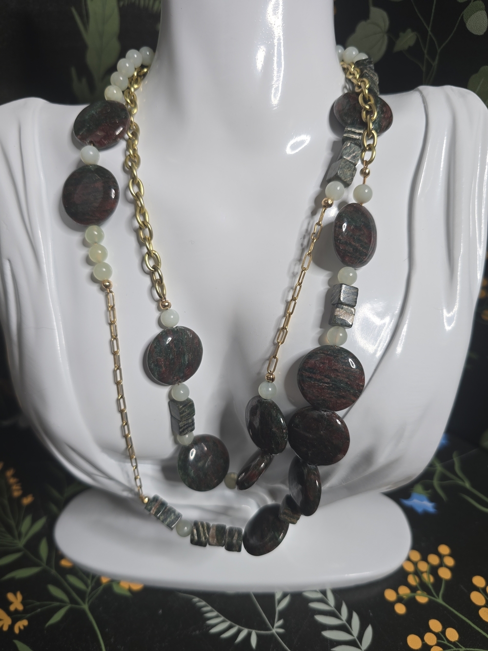 Zebra Jasper & New Jade W/ Gold Filled Metal Multi-Strand Necklace